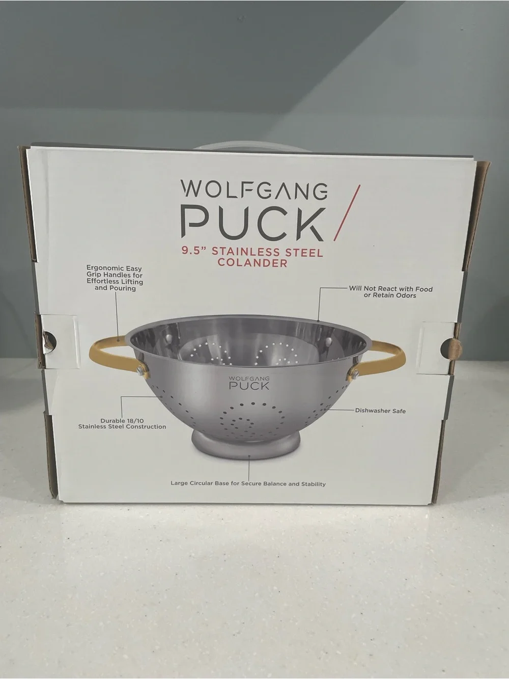 Wolfgang Puck 9.5” Stainless Steel Colander with Gold Handles – New in Box